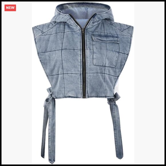 Sleeveless Hooded Denim Puffer Vest Cropped Quilted Casual Zipper Jacket